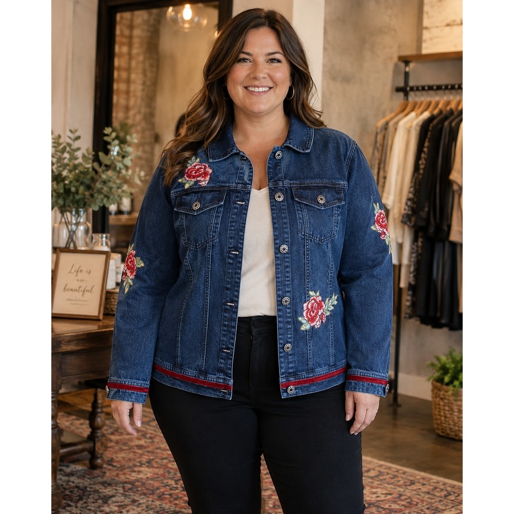 Serengeti Dark Blue Denim Jacket with Red Rose Embroidery